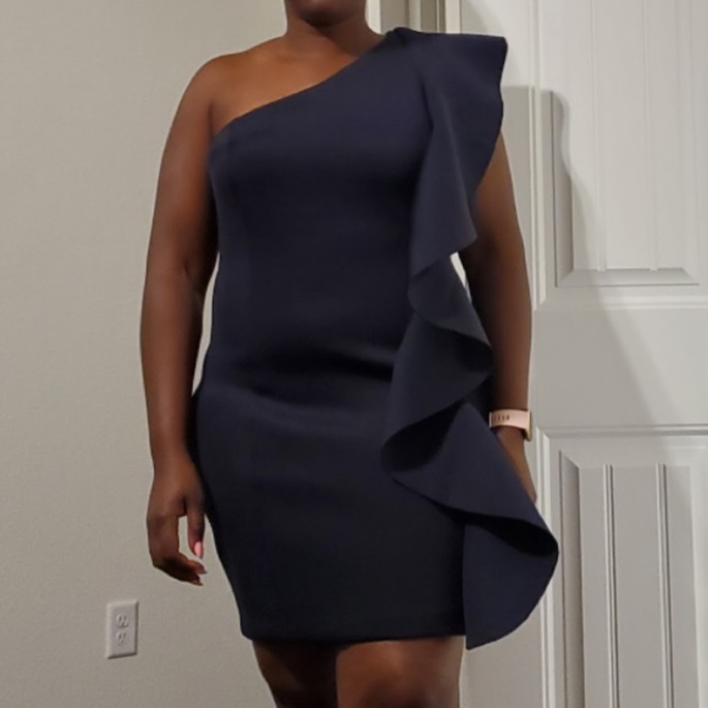 One Shoulder Frilled Scuba Mini Dress